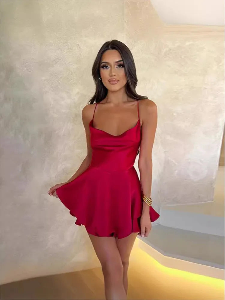 Satin Mini Dress Women | Spaghetti Strap Cowl Neck Flare Dress