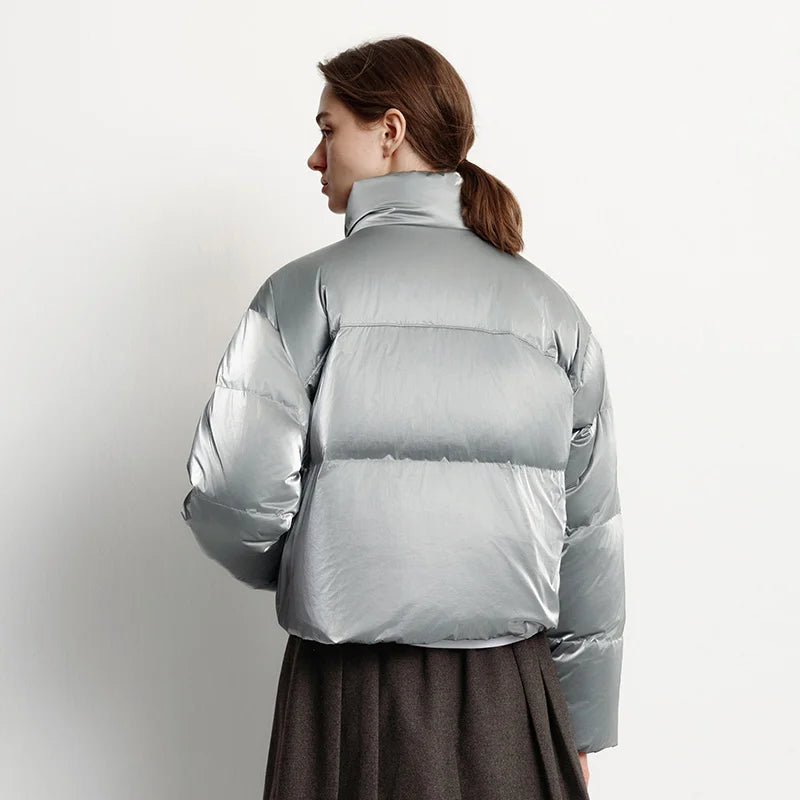 Women’s Silver Cropped Puffer Jacket | Lightweight High Neck Quilted Winter Coat for Casual Wear, Travel & Cold Weather