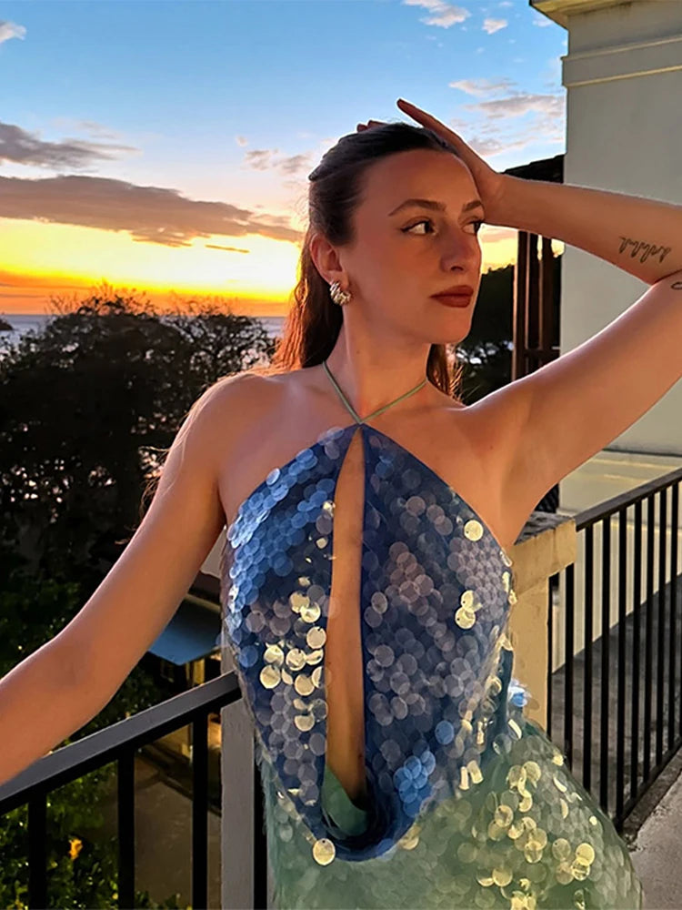 Women’s Blue Sequin Halter Mini Dress | Iridescent Cut Out Party Dress for Clubwear & Vacation Nights