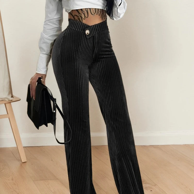 Women High Waist Ribbed Velvet Pants Slim Fit Straight Leg Trousers