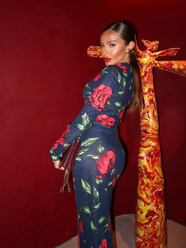 Black Rose Print Maxi Dress Women | Elegant Mermaid Bodycon Dress