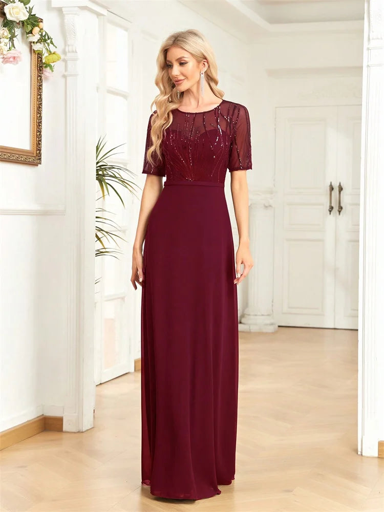 Women’s Burgundy Chiffon Evening Gown | Beaded Illusion Neck Formal Maxi Dress for Weddings, Mother of the Bride & Gala Events
