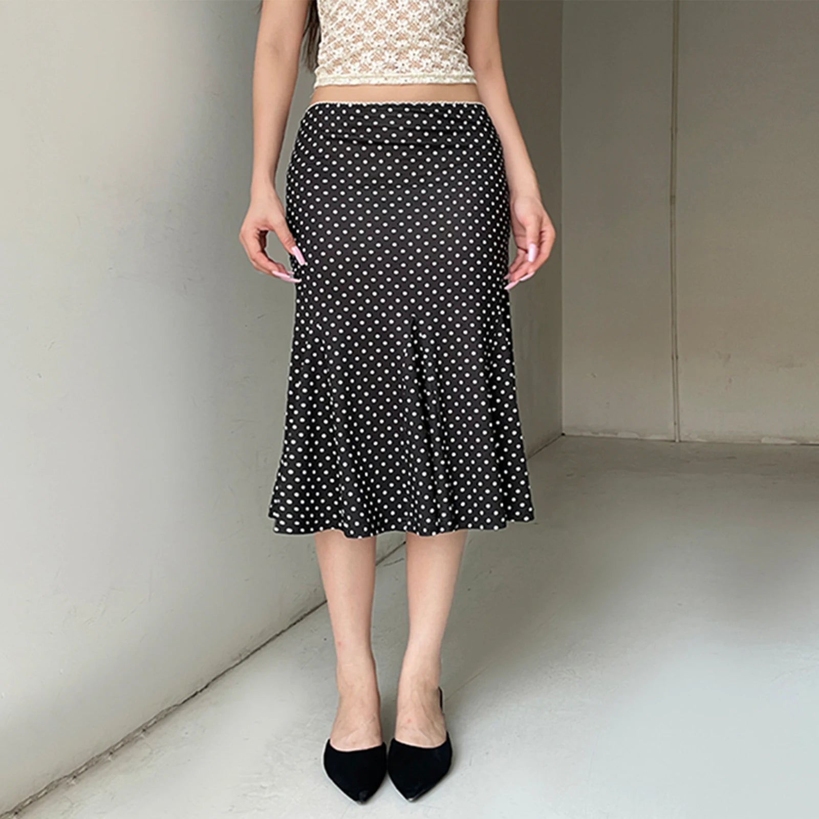 Women Polka Dot Mermaid Midi Skirt High Waist Vintage Flared Skirt