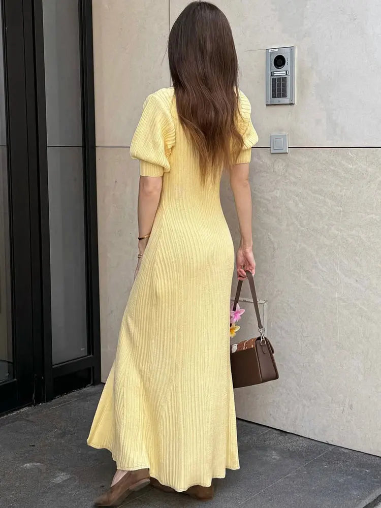 Women’s Butter Yellow Ribbed Knit Maxi Dress | Button Front Collared Summer Dress with Side Slit for Casual & Vacation Wear