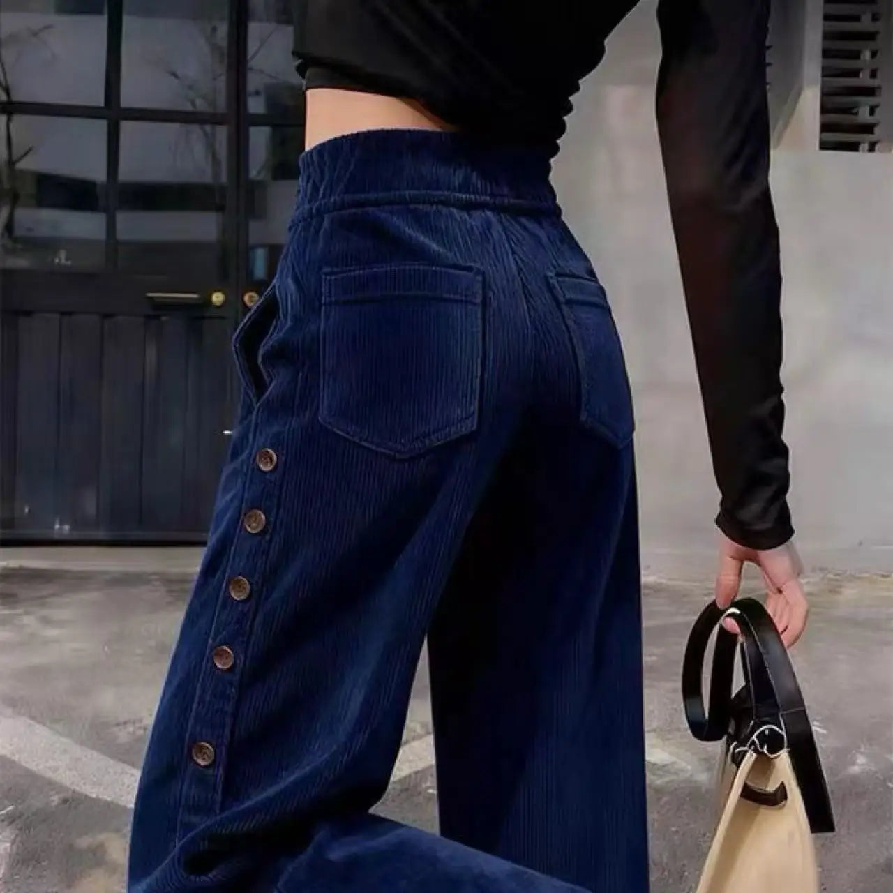 Women Wide Leg Corduroy Pants High Waist Vintage Button Detail Trousers