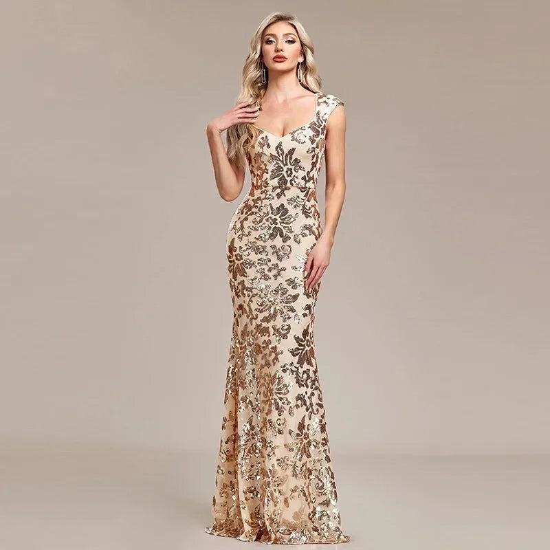 Women’s Champagne Gold Sequin Mermaid Evening Gown | Sweetheart Neck Formal Maxi Dress for Prom, Weddings, Galas & Black Tie Events
