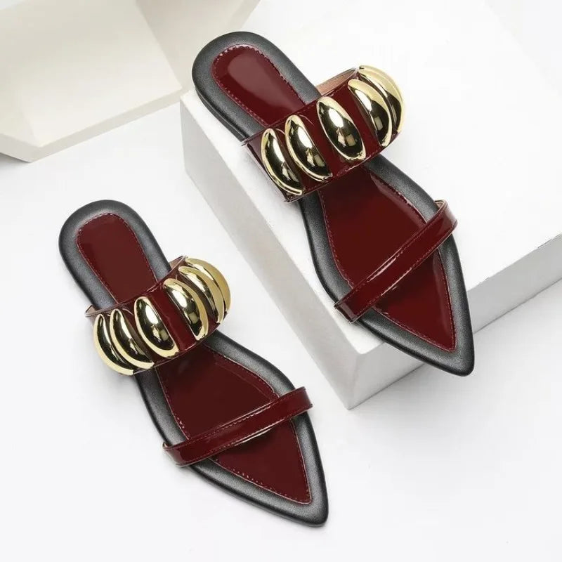 Women’s Pointed Toe Slide Sandals – Gold Chain Flat Mules for Casual, Party & Summer Fashion