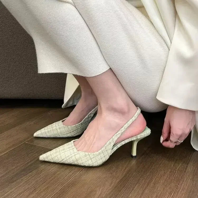Women’s Tweed Slingback Heels – Elegant Pointed Toe Pumps for Office, Party & Occasion Wear