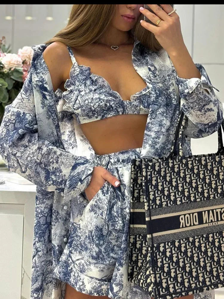 Women's Printed Bralette, Oversized Shirt & Shorts Co-Ord Set | Three Piece Holiday Outfit