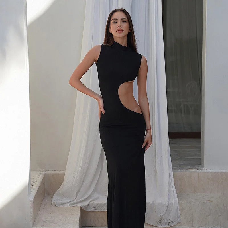 Cut Out Bodycon Maxi Dress Women | High Neck Sleeveless Evening Dress