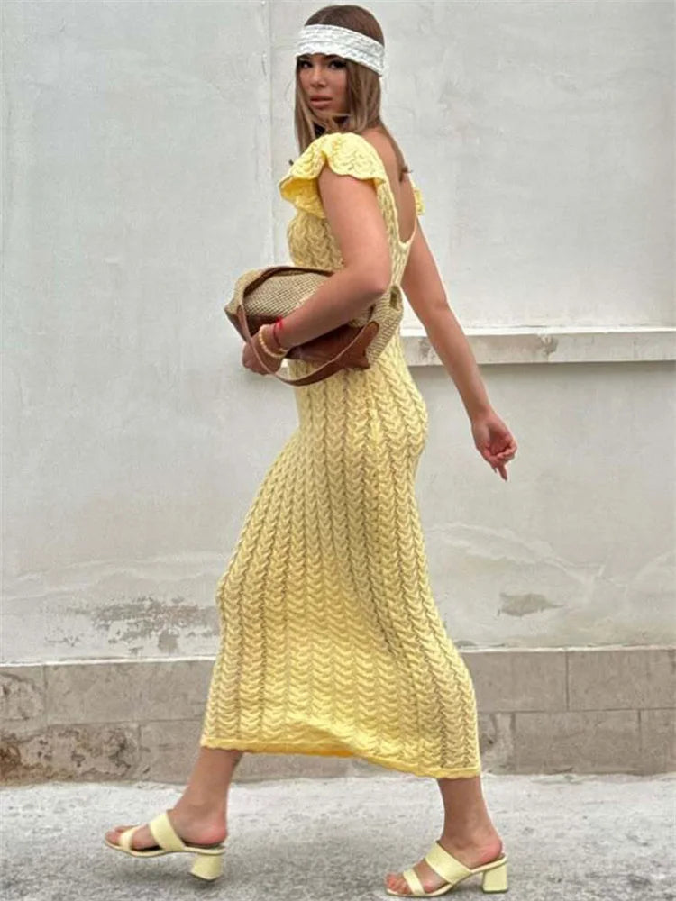 Women’s Cable Knit Maxi Dress | Ruffle Sleeve V-Neck Sweater Dress for Spring, Vacation & Elegant Casual Wear