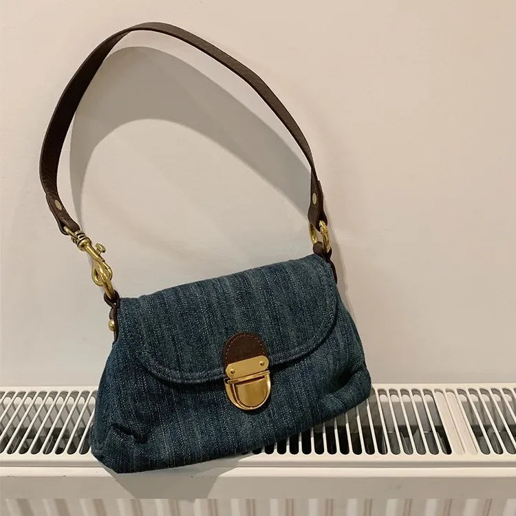 Denim Shoulder Bag for Women | Vintage Flap Handbag | Casual Everyday Purse | Trendy Retro Fashion Bag