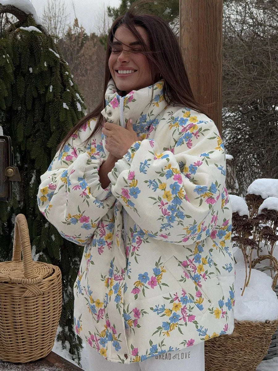 Women’s Floral Oversized Puffer Jacket | Cottagecore Winter Puff Coat with High Neck