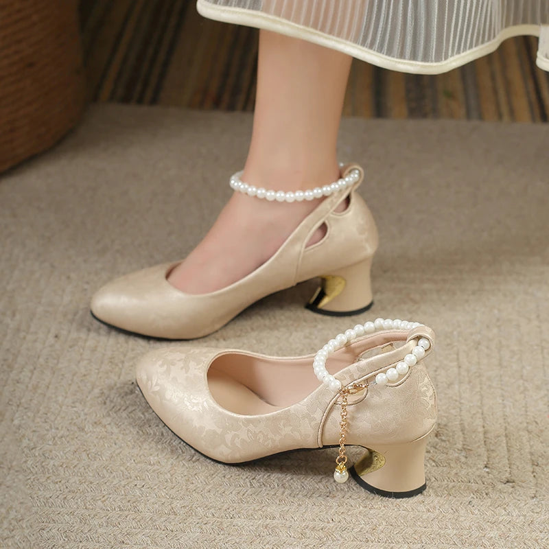 Women’s Pearl Strap Mary Jane Heels – Elegant Floral Pumps for Party, Wedding & Occasion Wear