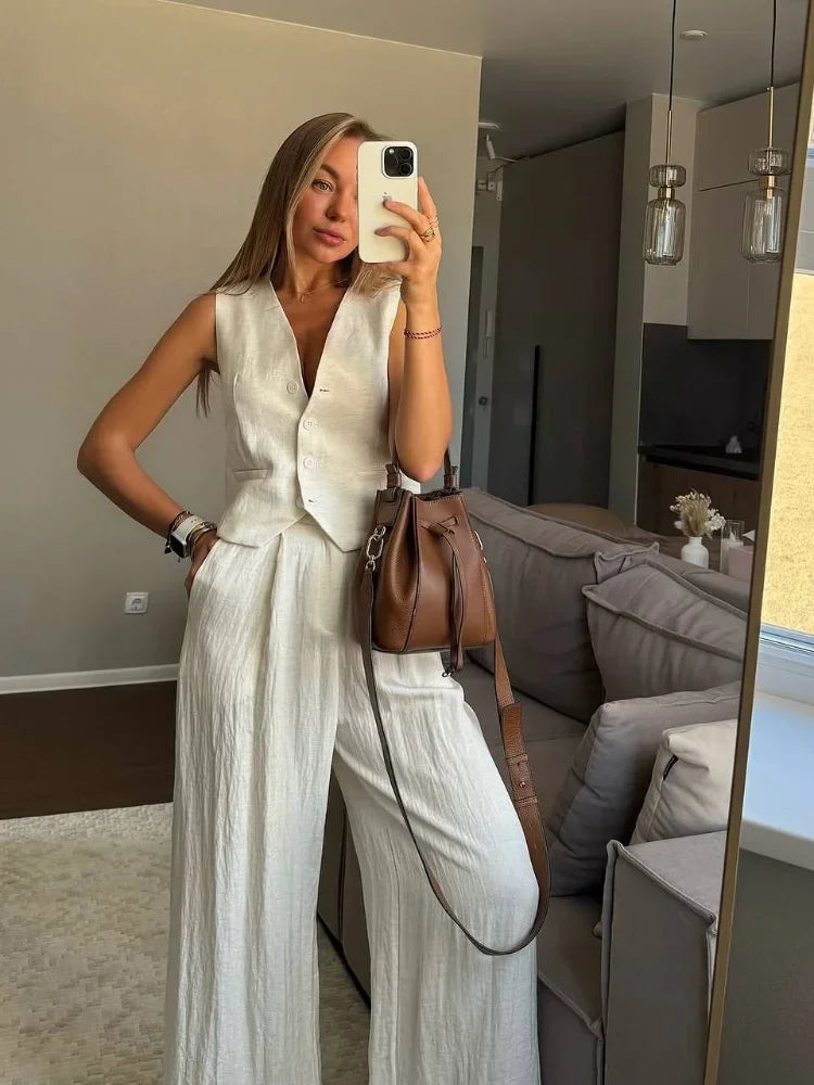 Women's Tailored Waistcoat & Wide Leg Trousers Co-Ord Set | Smart Casual Two Piece Outfit