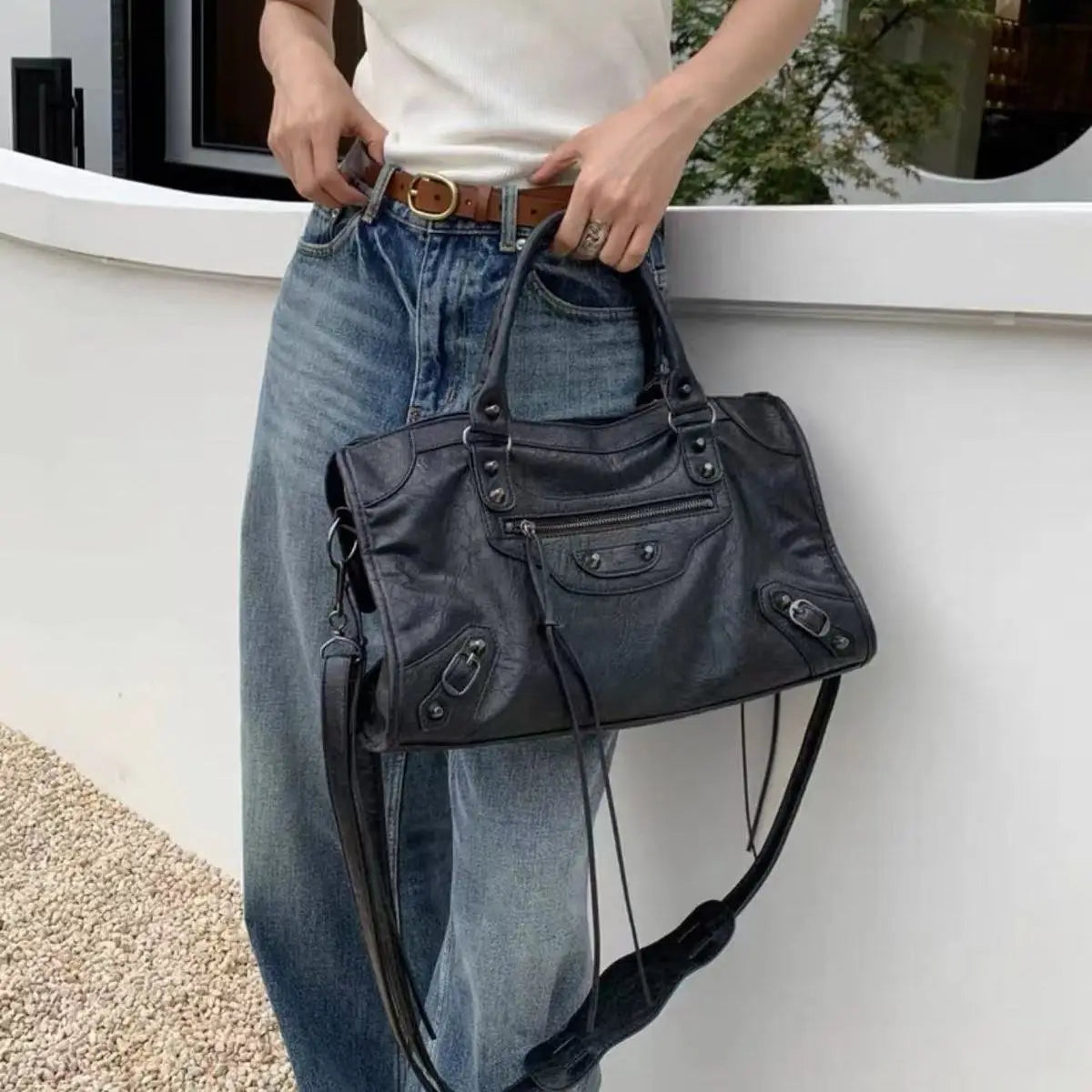 Vintage Motorcycle Leather Tote Bag for Women | Large Slouchy Shoulder Handbag | Y2K Retro Crossbody Satchel | Everyday Travel Purse