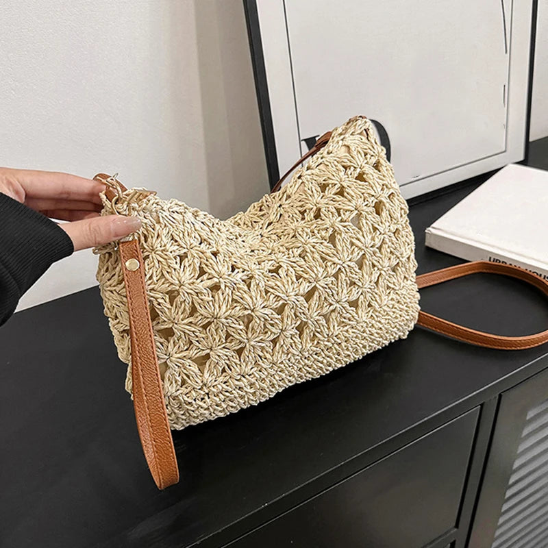 Woven Crochet Shoulder Bag for Women | Boho Summer Handbag | Casual Straw Crossbody Purse | Trendy Beach Tote