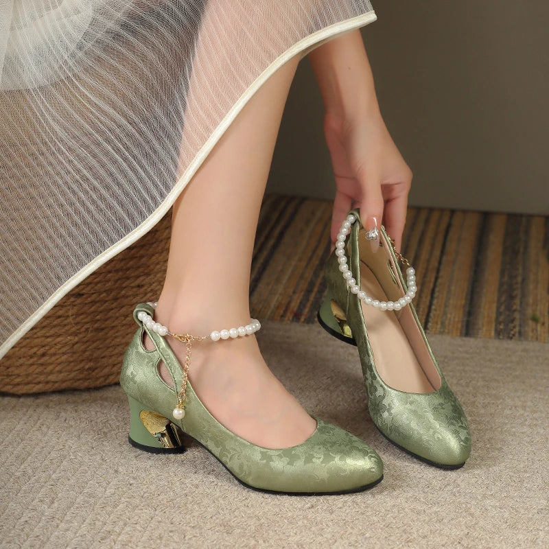 Women’s Pearl Strap Mary Jane Heels – Elegant Floral Pumps for Party, Wedding & Occasion Wear