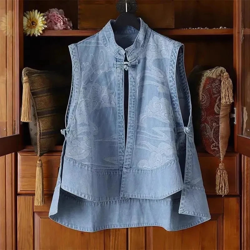Women’s Vintage Blue Mandarin Collar Denim Vest | Sleeveless Embroidered A-Line Tunic Top for Casual, Boho & Everyday Wear