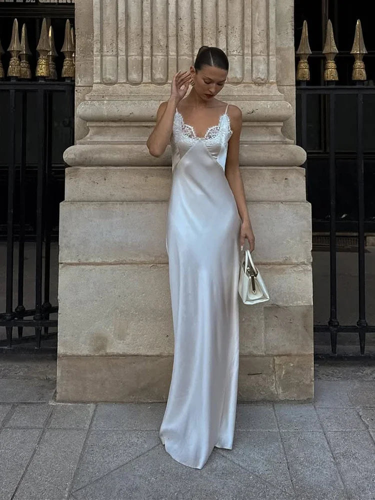 Women’s White Lace Trim Satin Maxi Dress | Elegant Slip Evening Gown for Weddings, Bridal Events & Formal Occasions