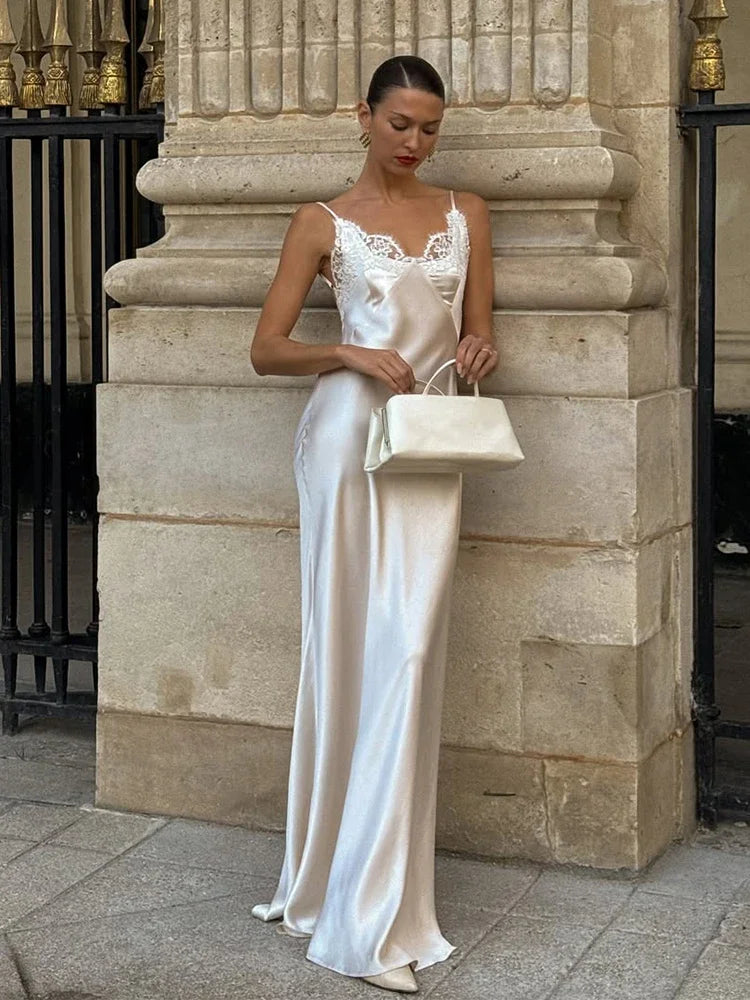 Women’s White Lace Trim Satin Maxi Dress | Elegant Slip Evening Gown for Weddings, Bridal Events & Formal Occasions