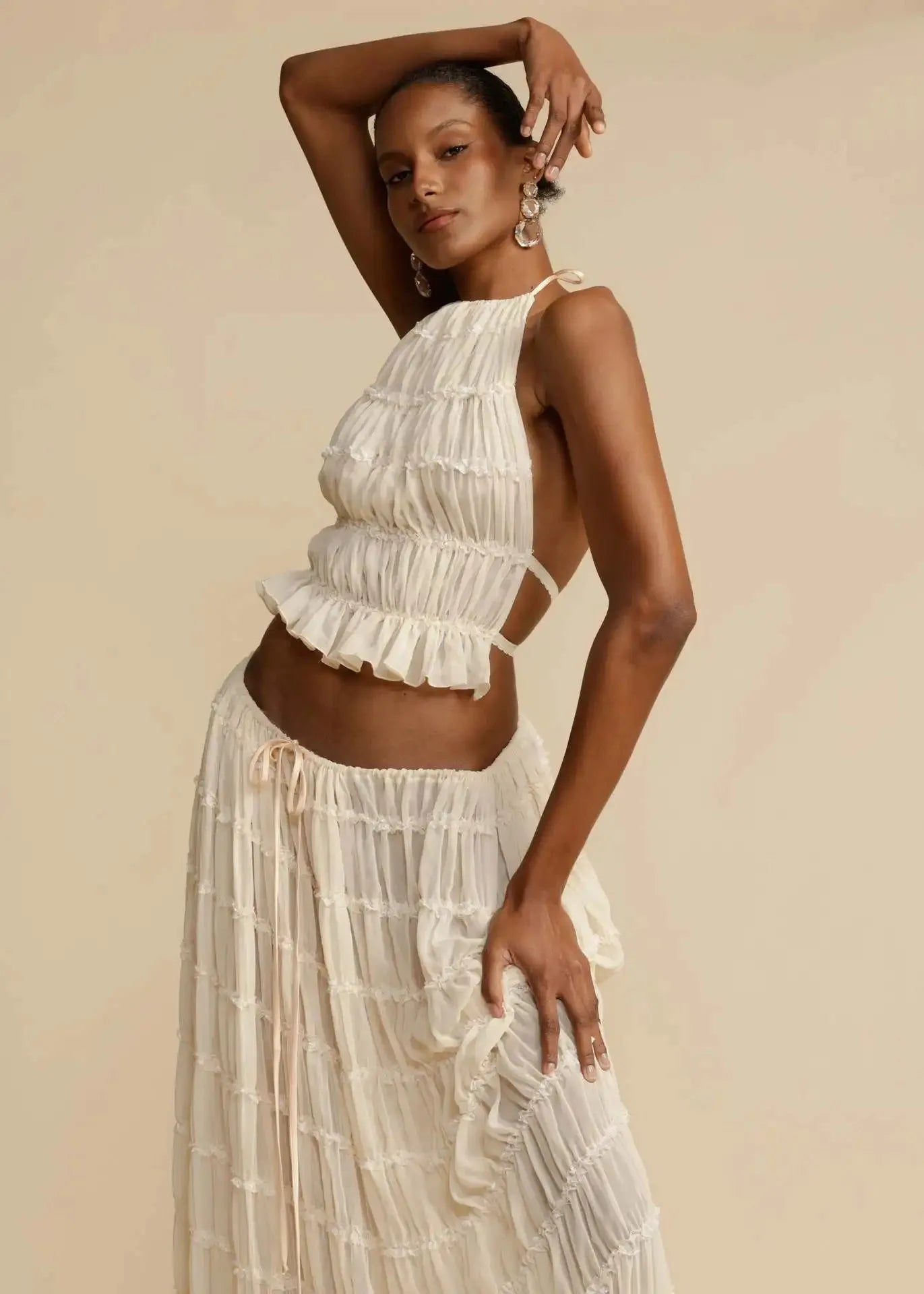 Women's Textured Halter Crop Top & Maxi Skirt Co-Ord Set | Elegant Resort Two Piece Outfit