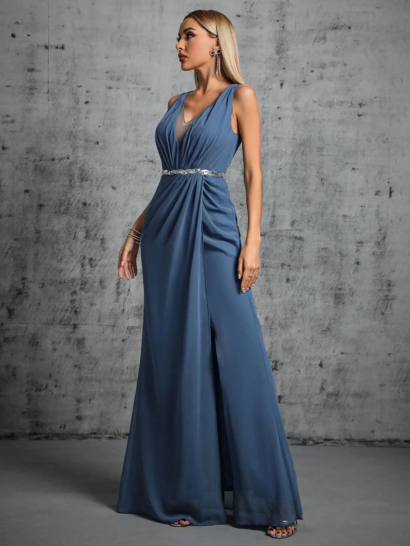 Women’s Dusty Blue Chiffon Evening Gown | Sleeveless V-Neck Formal Maxi Dress with Beaded Waist for Bridesmaids, Weddings & Galas