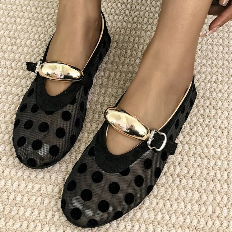Women’s Polka Dot Mary Jane Ballet Flats – Buckle Strap Slip-On Shoes for Casual, Office & Everyday Wear