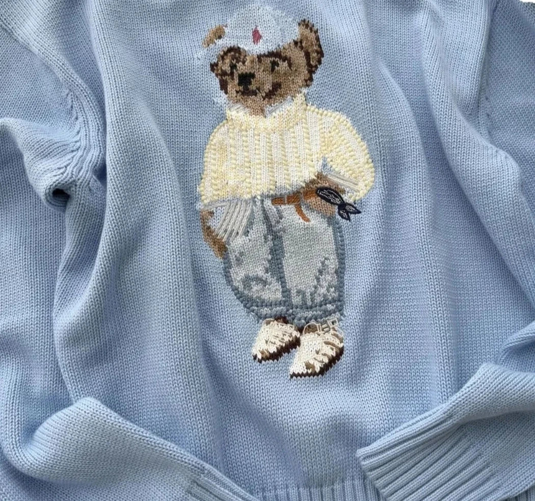 Women’s Baby Blue Teddy Bear Knit Sweater | Cute Oversized Crew Neck Pullover for Winter, Casual Wear & Cozy Outfits