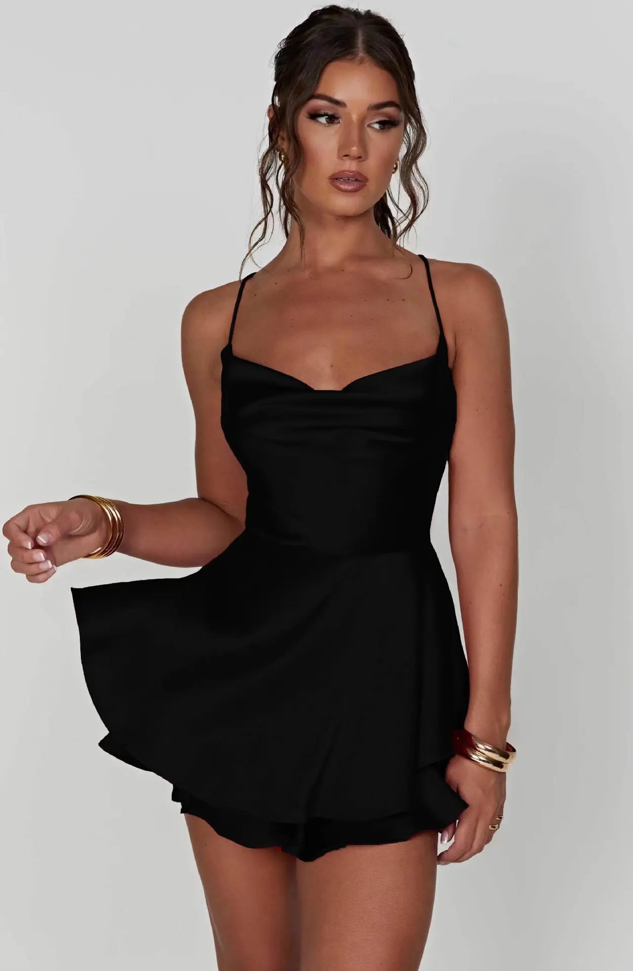 Satin Mini Dress Women | Spaghetti Strap Cowl Neck Flare Dress
