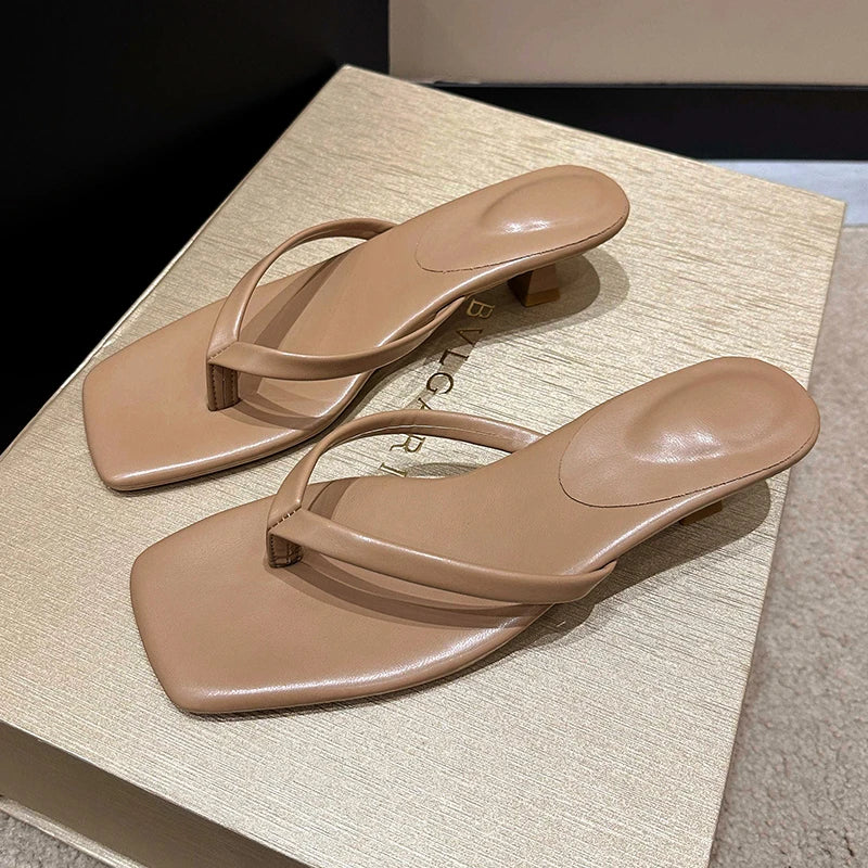 Women’s Minimal Thong Mule Heels – Square Toe Slip-On Sandals for Party, Evening & Everyday Chic Wear