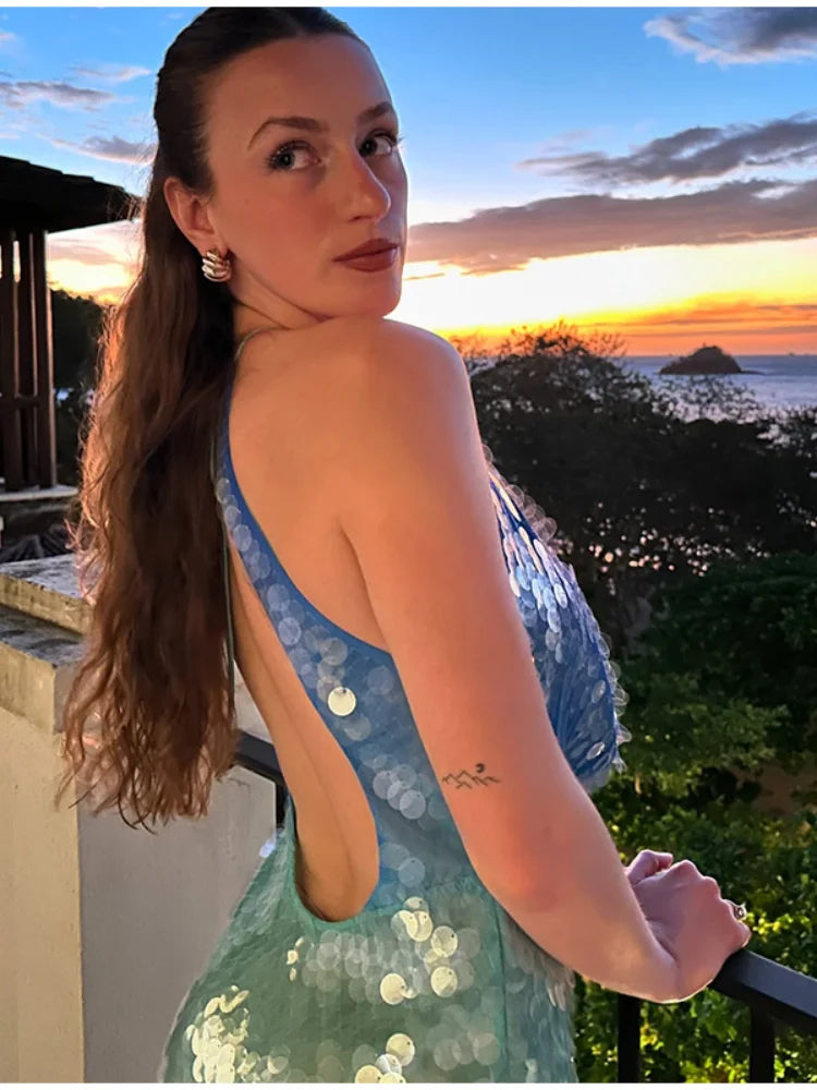 Women’s Blue Sequin Halter Mini Dress | Iridescent Cut Out Party Dress for Clubwear & Vacation Nights