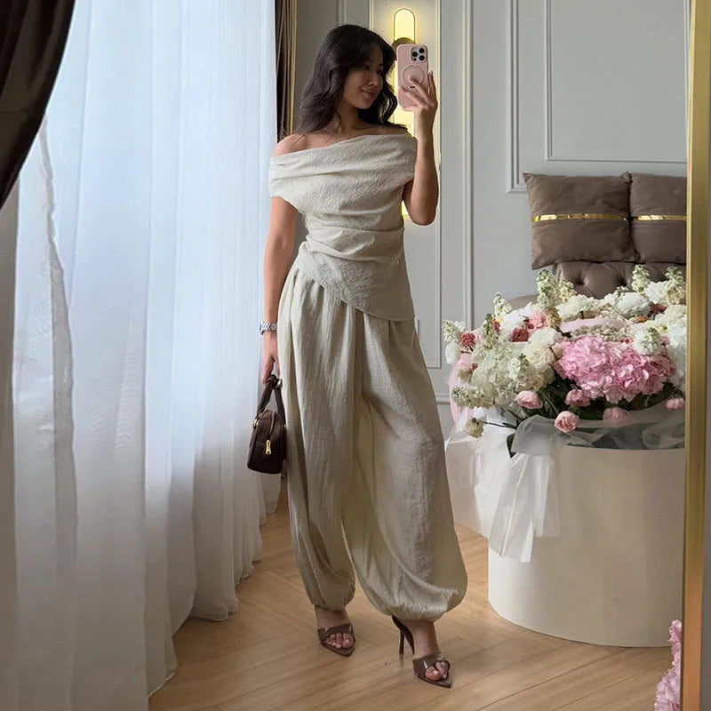 Women's Off Shoulder Draped Top & Wide Leg Trousers Co-Ord Set | Elegant Resort Two Piece Outfit
