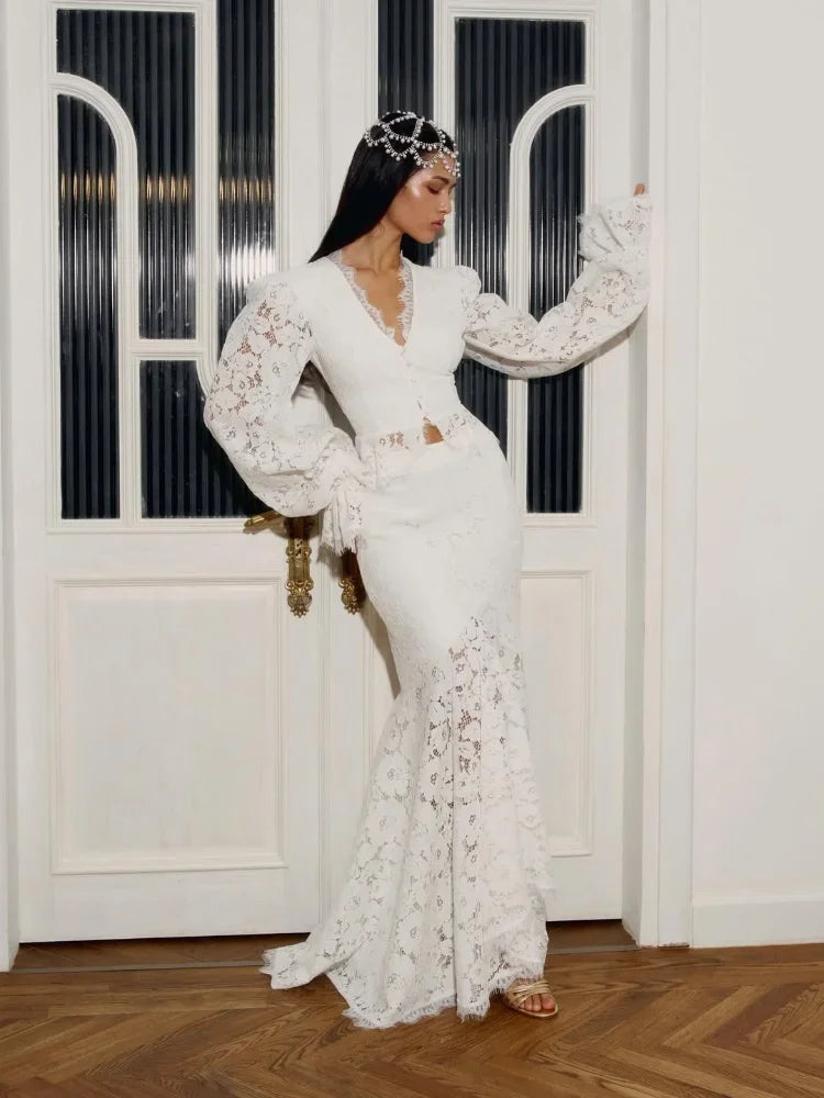 Women's Lace Crop Top & Mermaid Maxi Skirt Co-Ord Set | Elegant Occasion Two Piece Outfit