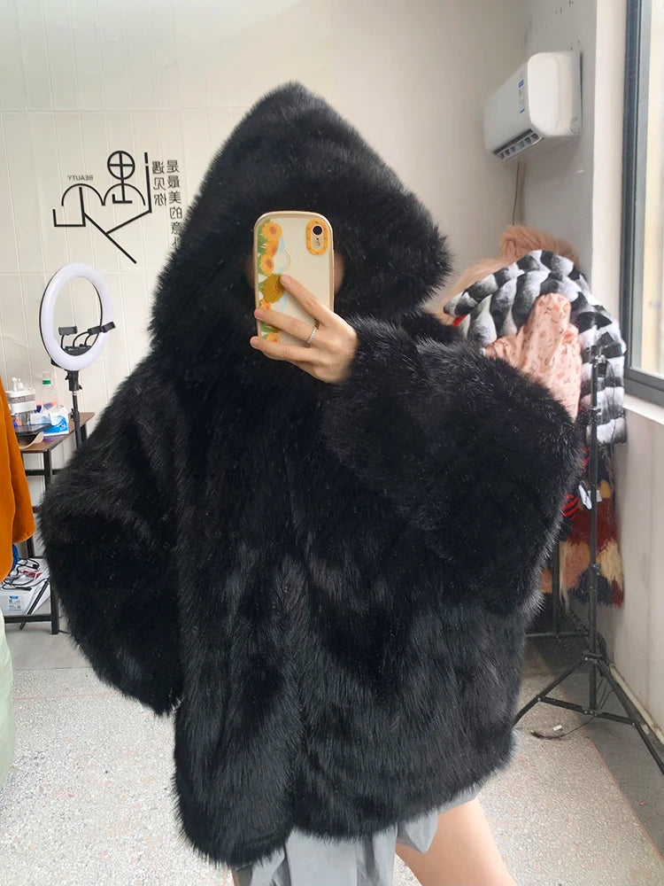 Women’s Oversized Faux Fur Hooded Coat | Plush Winter Cape Jacket