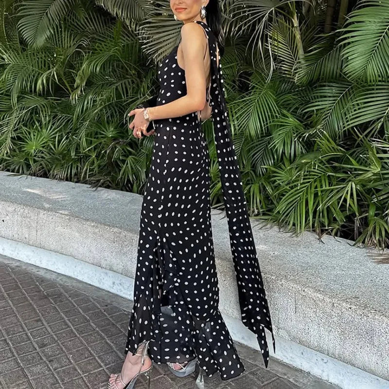Women’s Black Polka Dot Maxi Dress | Elegant Cowl Neck Slip Dress with Matching Scarf for Vacation & Evening Wear