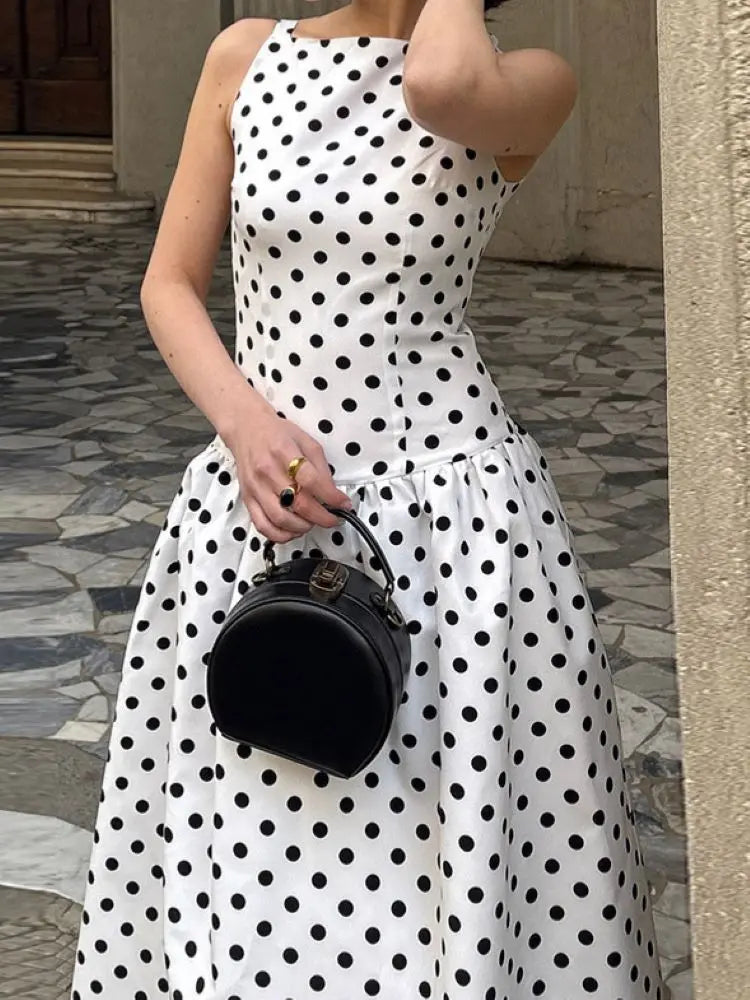 Women’s White Polka Dot Sleeveless Maxi Dress | Vintage Fit & Flare A-Line Midi Dress for Weddings, Garden Parties & Summer Events