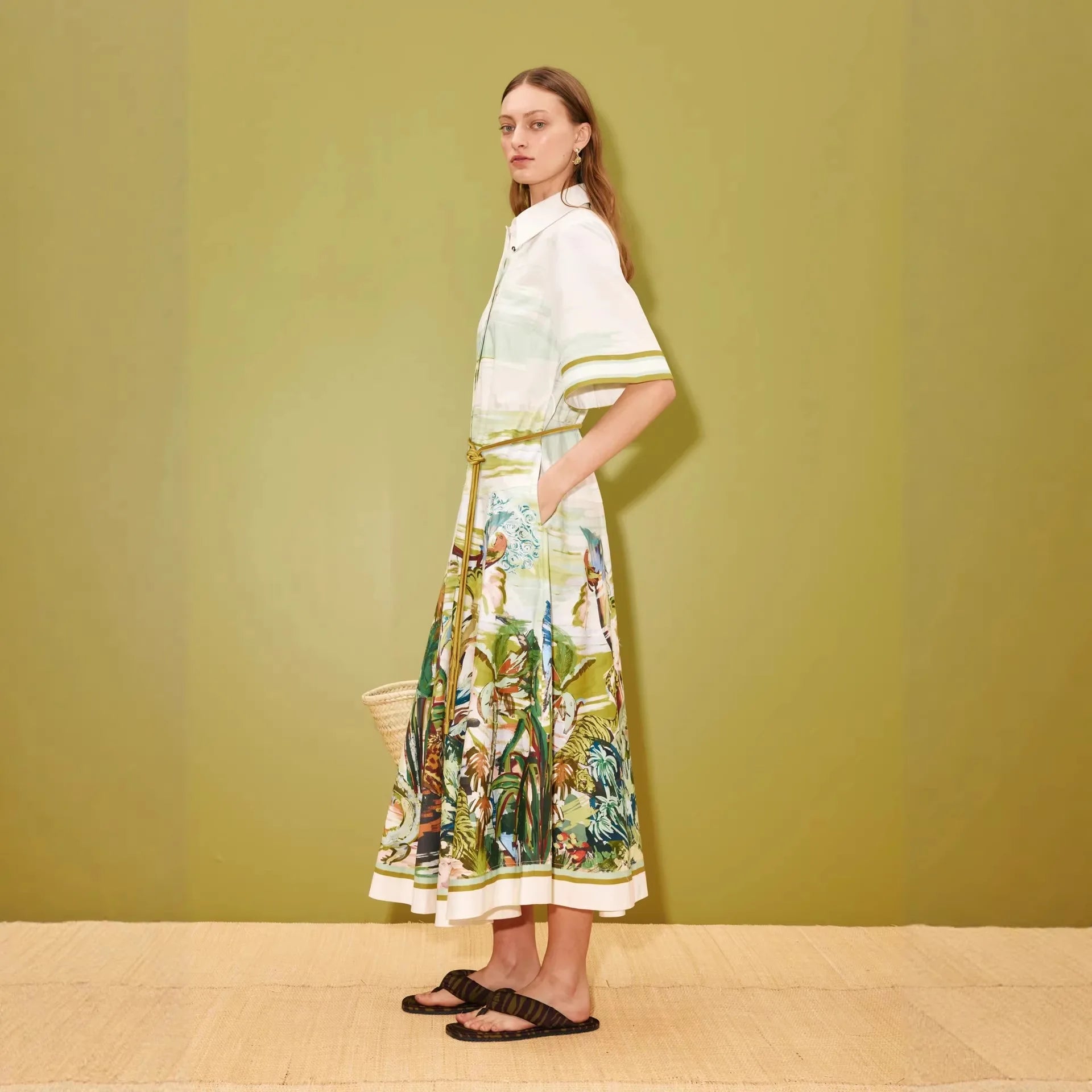 Women’s Tropical Print Midi Dress | Elegant Resort Shirt Dress with Belted Waist