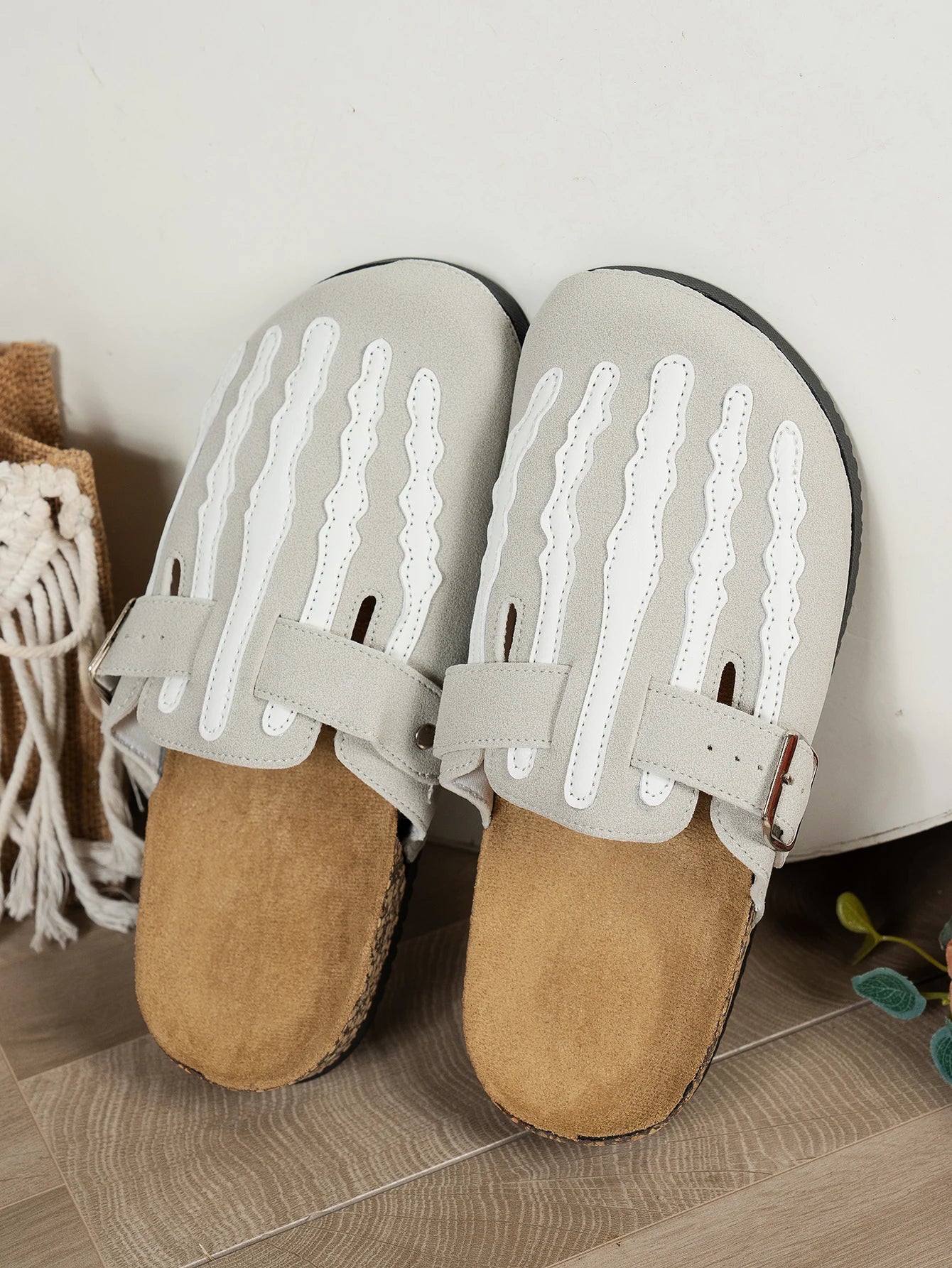 Women’s orthopaedic Skeleton Print Slide Sandals – Casual Double Buckle Cork Footbed Slippers for Everyday & Summer Wear