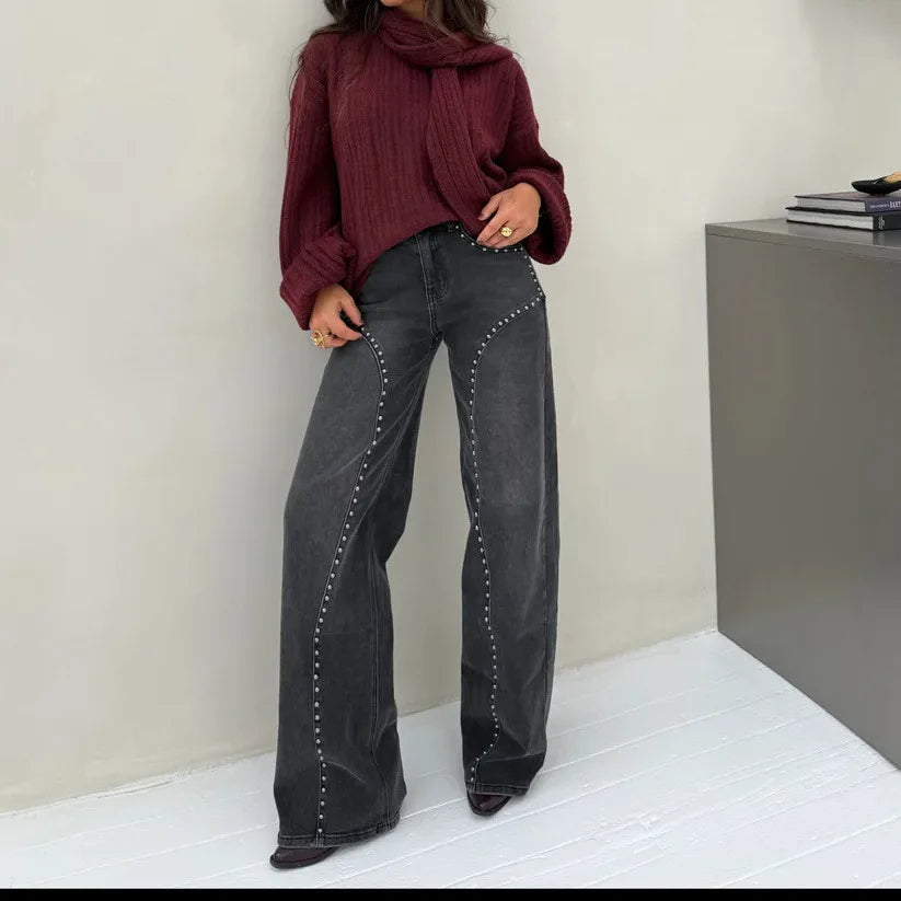 Women High Waist Straight Leg Studded Jeans Vintage Wide Leg Denim Trousers