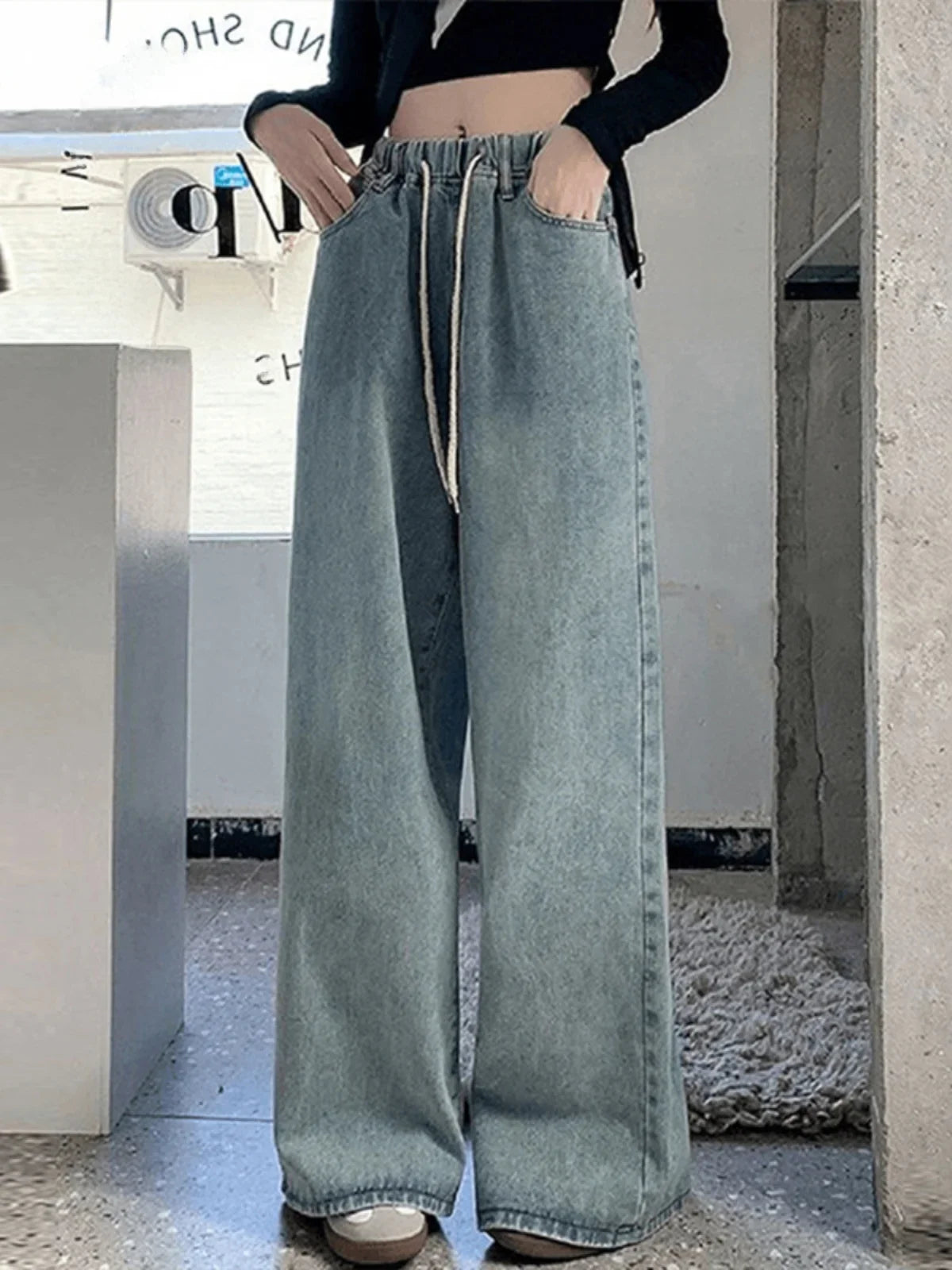 Women Baggy Wide Leg Jeans High Waist Drawstring Denim Trousers