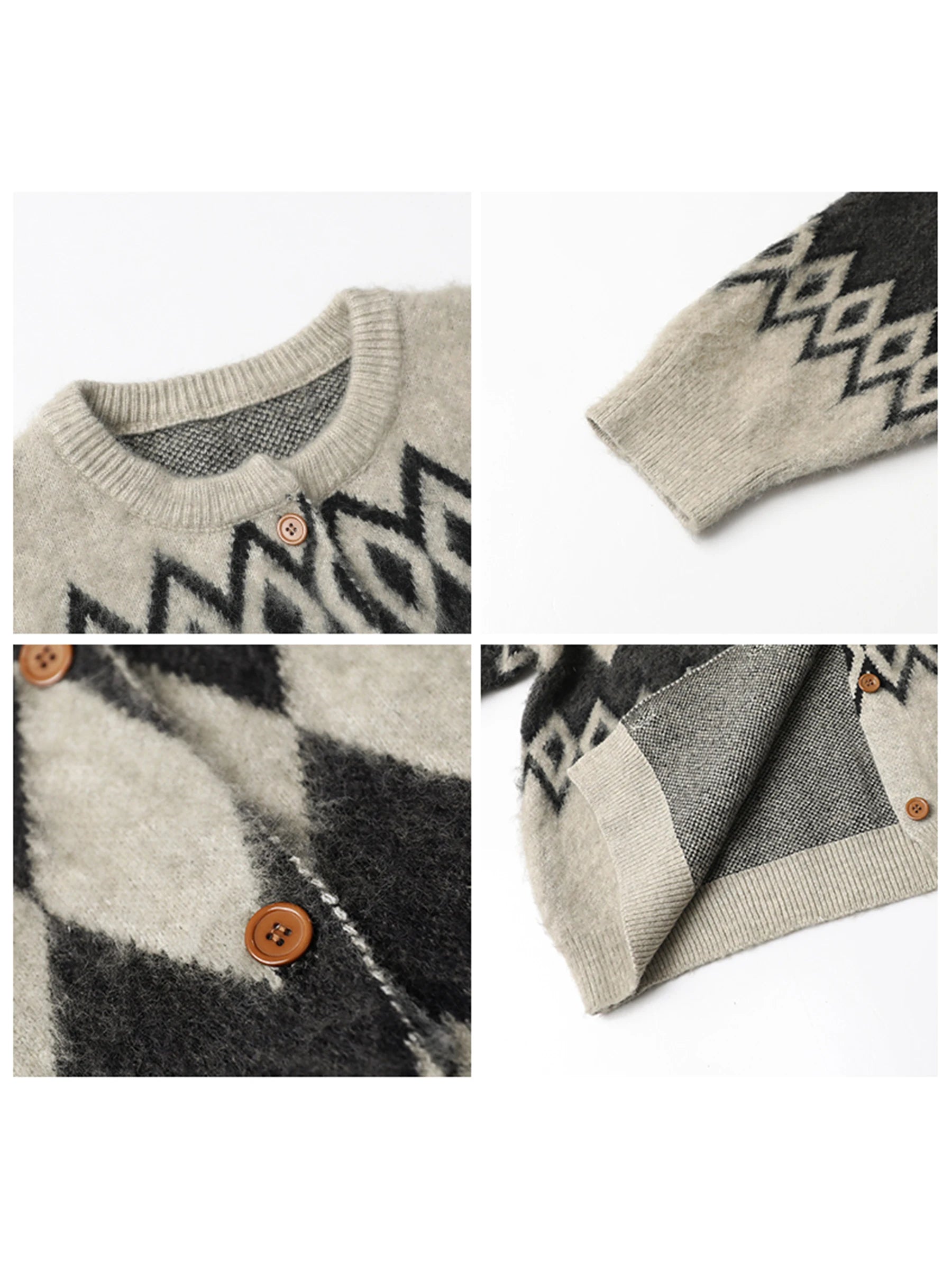 Women’s Oversized Argyle Knit Cardigan | Vintage Geometric Pattern Button-Up Cozy Sweater Jacket