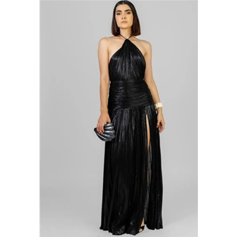 Halter Neck Pleated Maxi Dress Women | High Split Evening Party Dress