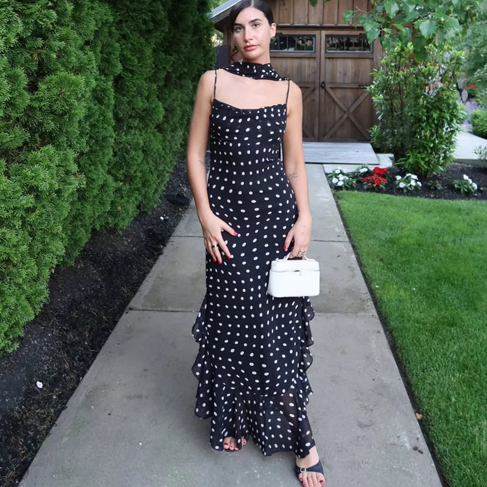 Women’s Black Polka Dot Maxi Dress | Elegant Cowl Neck Slip Dress with Matching Scarf for Vacation & Evening Wear