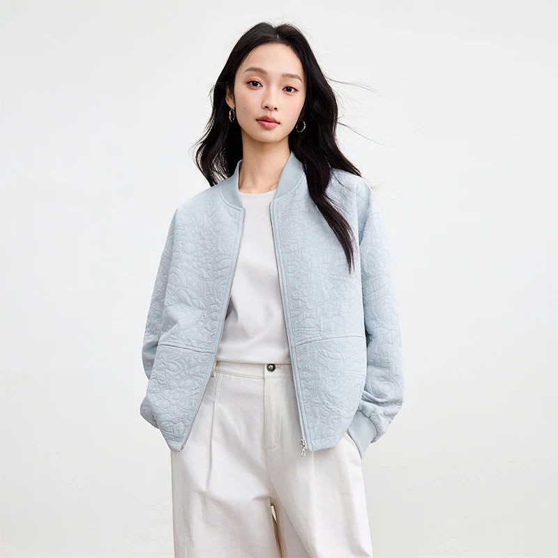 Women’s Light Blue Quilted Bomber Jacket | Minimalist Zip-Up Lightweight Padded Coat