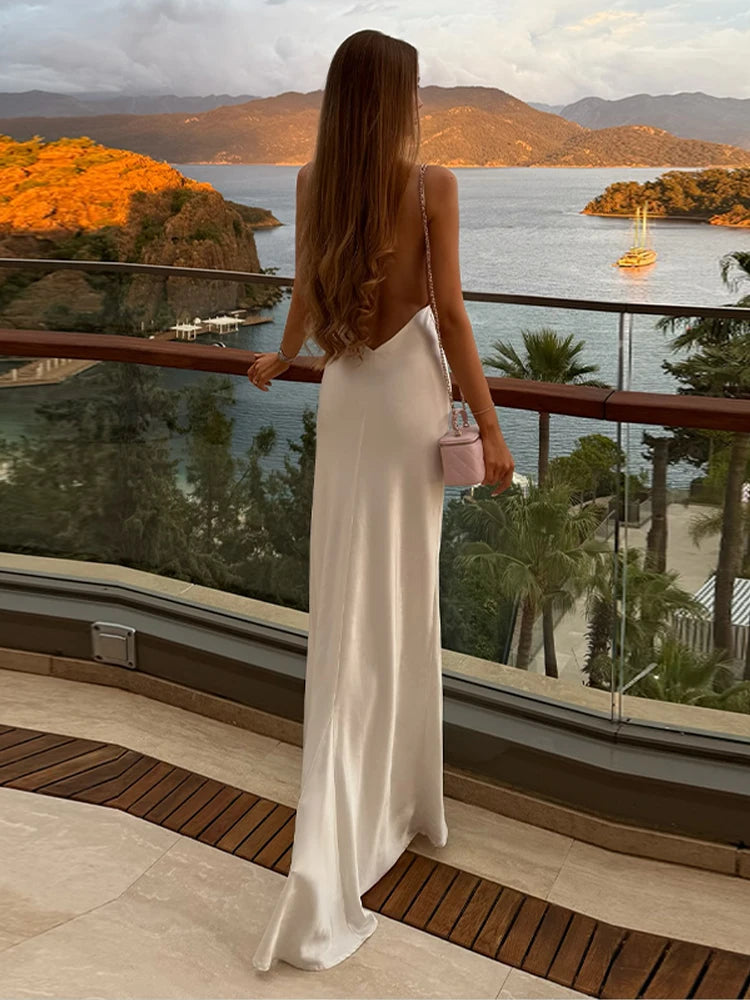 Women’s Satin Backless Maxi Dress | Elegant Side Slit Slip Gown for Weddings, Vacations & Evening Events