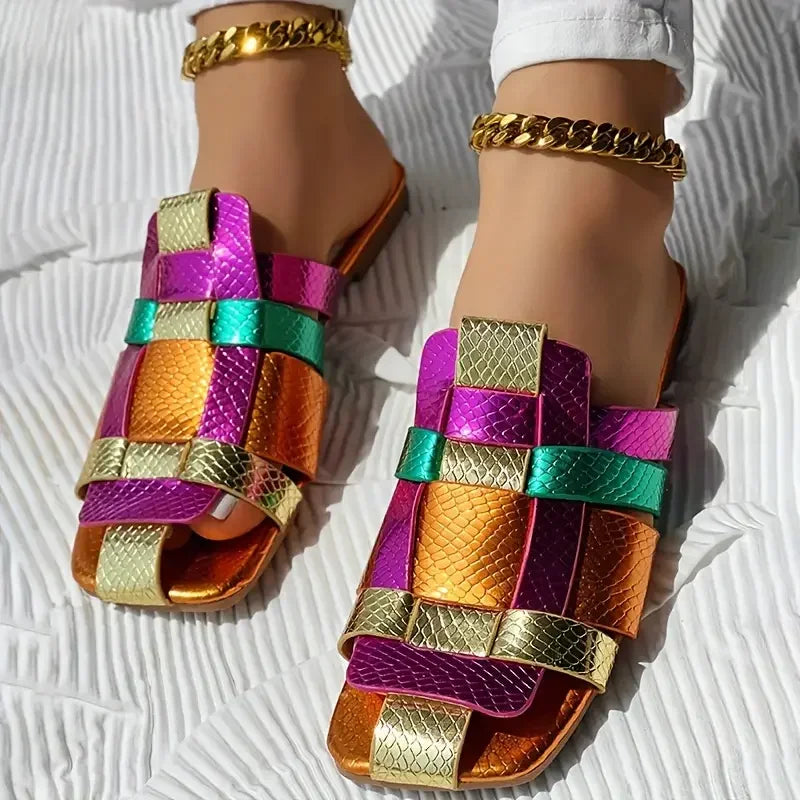 Women’s Multicolor Slide Sandals – Trendy Metallic Flat Slippers for Casual, Beach & Summer Wear
