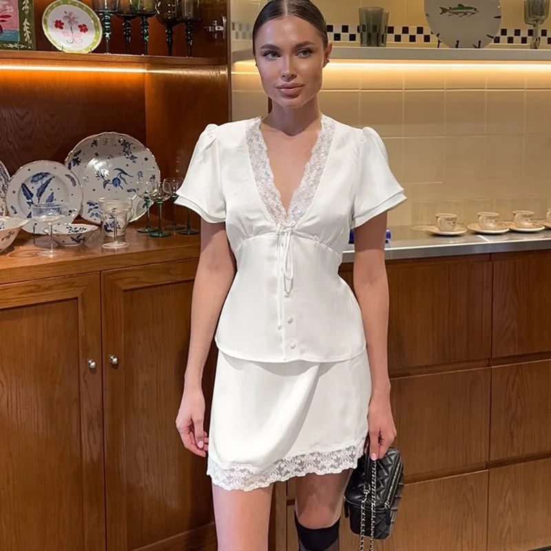 Women's Lace Trim Blouse & Mini Skirt Co-Ord Set | Romantic Two Piece Summer Outfit