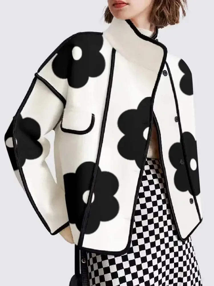 Women’s Black & White Floral Jacket | Oversized Retro Flower Print Statement Coat Casual Outerwear