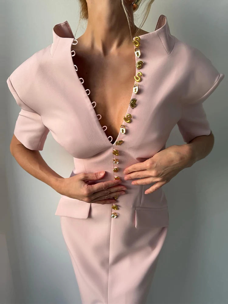Women's Tailored Midi Dress with Statement Button Detail | Elegant Formal Occasion Dress